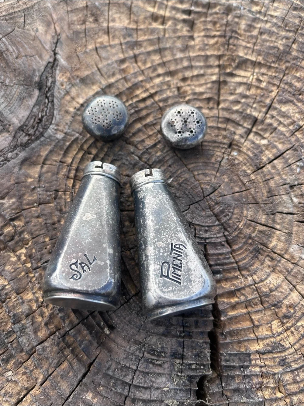 Portuguese Silver Matte Finish Salt Pepper Shakers Set Gilt Interior 1950